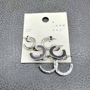 A New‎ Day Silver Hoop Earring Set Nickel Free 3 Pairs Textured Polished Women